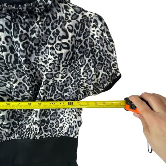 Bebe Women's Black Leopard Print Mini Dress Ruffle Collar Artsy Retro Whimsygoth - Picture 5 of 7